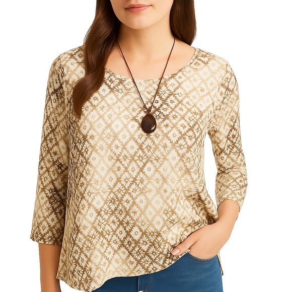 Chico's Tops - Chico's Womens 3 (XL) Brown Tan Abstract‎ Diamond Print Asymmetric Hem Tunic Top